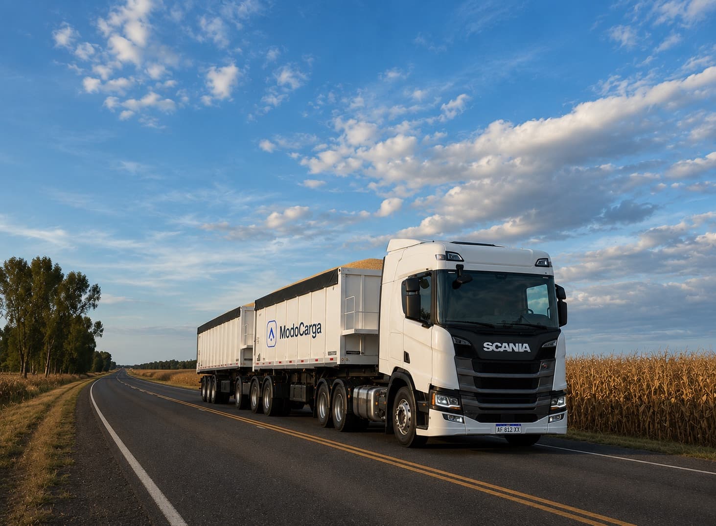Camión de ModoCarga transportando cereal en ruta